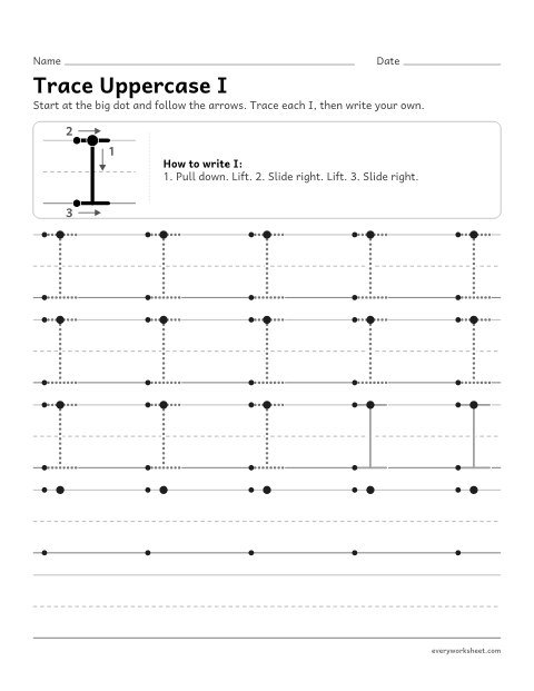 Preview of the printable “Trace uppercase I” worksheet: forming uppercase I