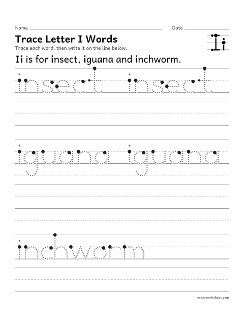 Preview of the printable “Trace letter I words” worksheet: writing words that start with Ii