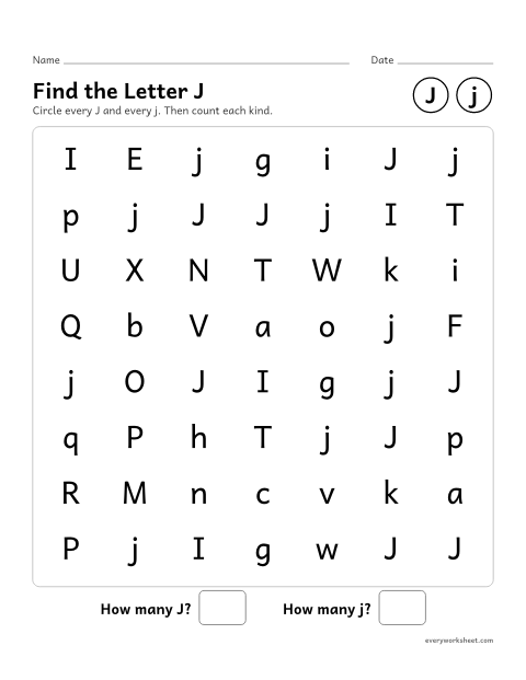 Preview of the printable “Find the letter J” worksheet: recognizing uppercase J and lowercase j