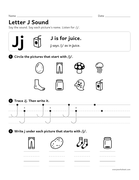 Preview of the printable “Letter J sound” worksheet: matching the letter J to its sound