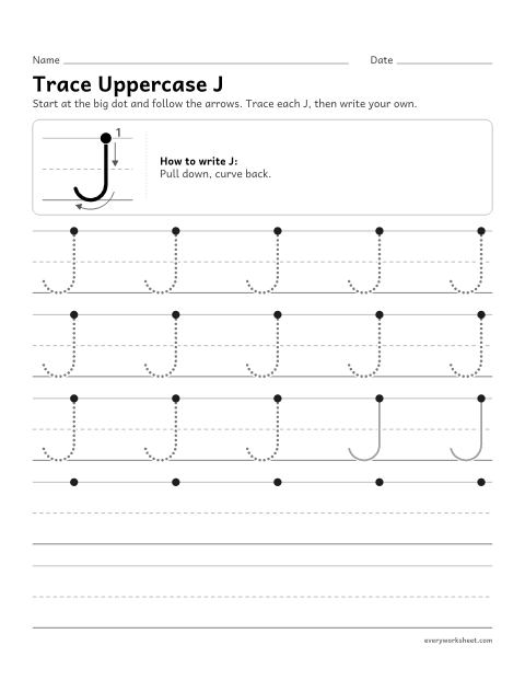 Preview of the printable “Trace uppercase J” worksheet: forming uppercase J