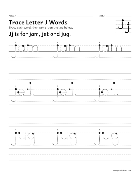 Preview of the printable “Trace letter J words” worksheet: writing words that start with Jj
