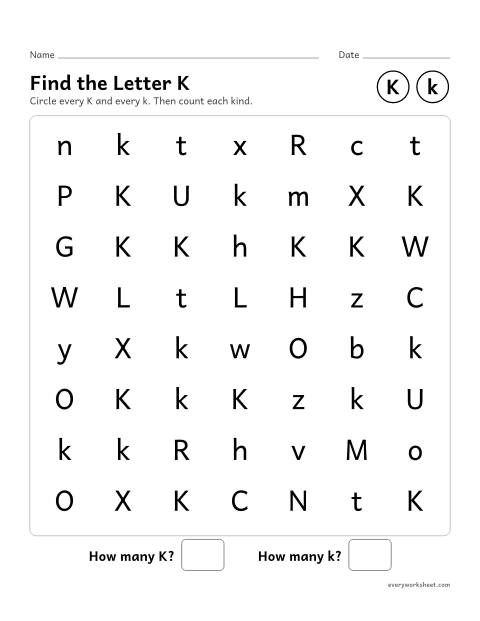 Preview of the printable “Find the letter K” worksheet: recognizing uppercase K and lowercase k