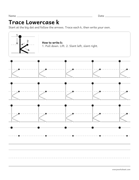 Preview of the printable “Trace lowercase k” worksheet: forming lowercase k