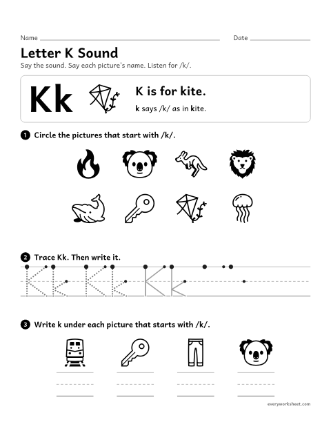 Preview of the printable “Letter K sound” worksheet: matching the letter K to its sound