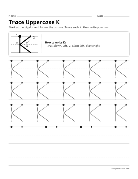 Preview of the printable “Trace uppercase K” worksheet: forming uppercase K