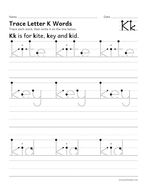 Preview of the printable “Trace letter K words” worksheet: writing words that start with Kk