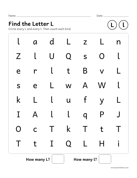 Preview of the printable “Find the letter L” worksheet: recognizing uppercase L and lowercase l