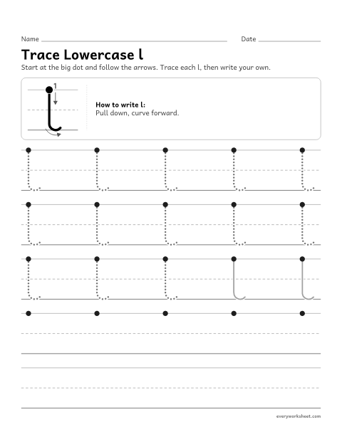 Preview of the printable “Trace lowercase l” worksheet: forming lowercase l