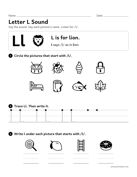 Preview of the printable “Letter L sound” worksheet: matching the letter L to its sound