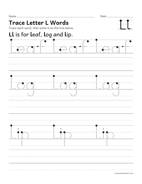 Preview of the printable “Trace letter L words” worksheet: writing words that start with Ll