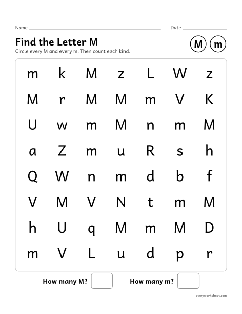 Preview of the printable “Find the letter M” worksheet: recognizing uppercase M and lowercase m