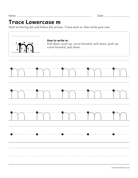 Preview of the printable “Trace lowercase m” worksheet: forming lowercase m