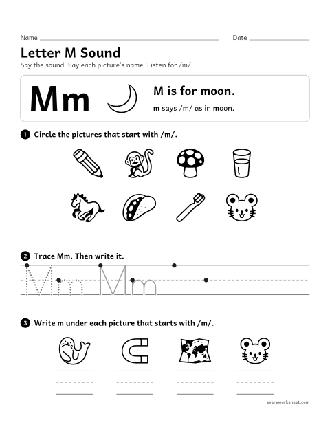 Preview of the printable “Letter M sound” worksheet: matching the letter M to its sound