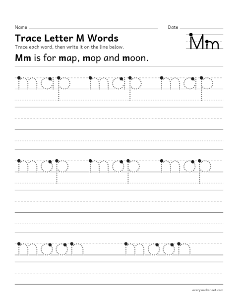Preview of the printable “Trace letter M words” worksheet: writing words that start with Mm