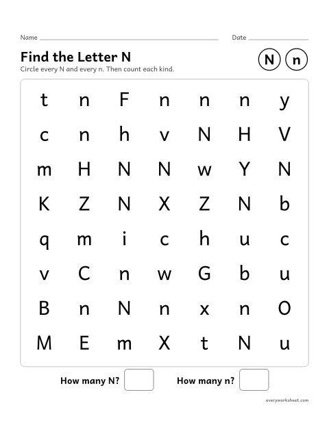 Preview of the printable “Find the letter N” worksheet: recognizing uppercase N and lowercase n