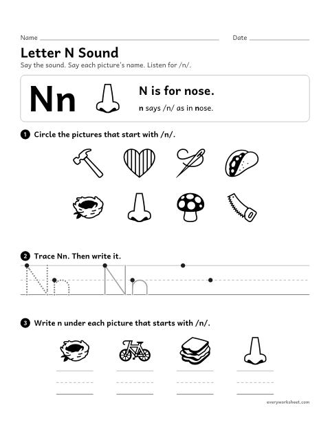 Preview of the printable “Letter N sound” worksheet: matching the letter N to its sound