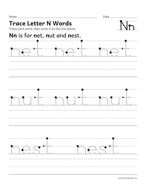 Preview of the printable “Trace letter N words” worksheet: writing words that start with Nn