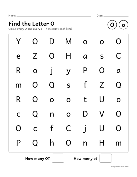 Preview of the printable “Find the letter O” worksheet: recognizing uppercase O and lowercase o