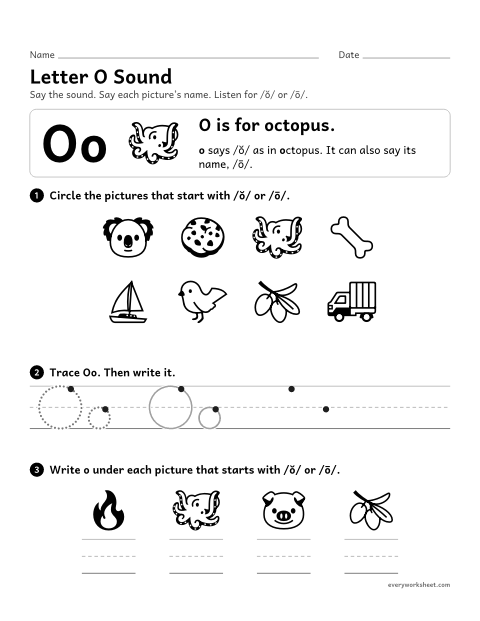 Preview of the printable “Letter O sound” worksheet: matching the letter O to its sound