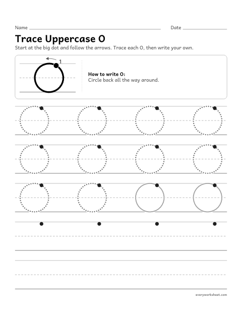 Preview of the printable “Trace uppercase O” worksheet: forming uppercase O