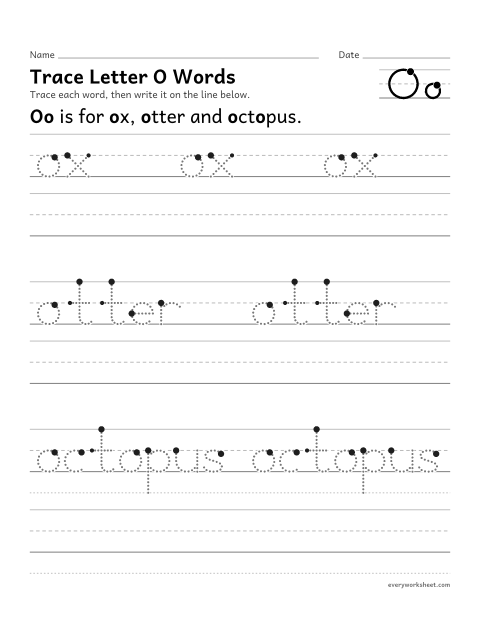 Preview of the printable “Trace letter O words” worksheet: writing words that start with Oo