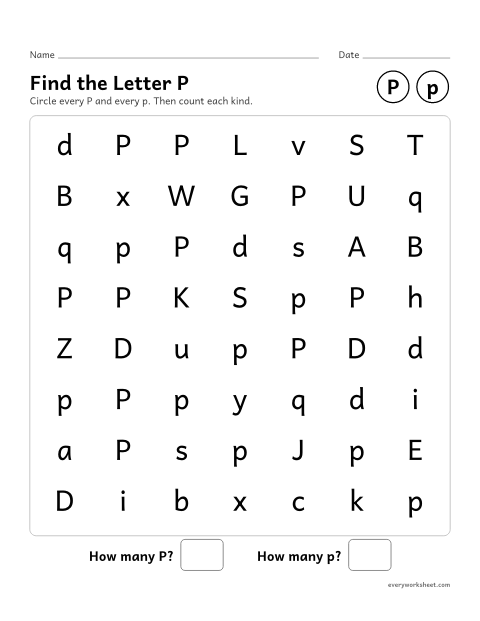 Preview of the printable “Find the letter P” worksheet: recognizing uppercase P and lowercase p