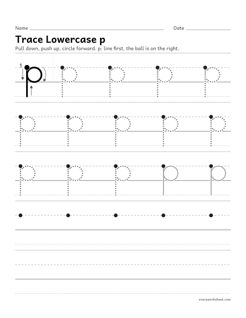Preview of the printable “Trace lowercase p” worksheet: forming lowercase p