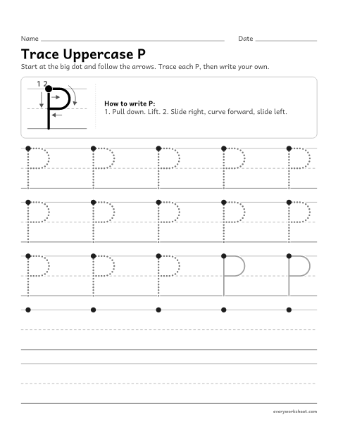 Preview of the printable “Trace uppercase P” worksheet: forming uppercase P