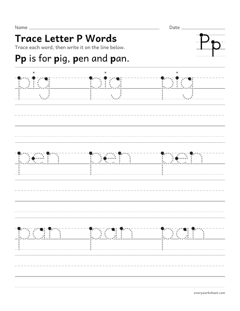 Preview of the printable “Trace letter P words” worksheet: writing words that start with Pp