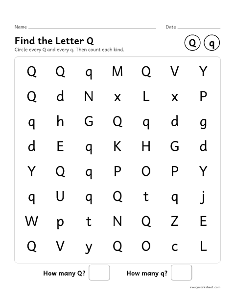 Preview of the printable “Find the letter Q” worksheet: recognizing uppercase Q and lowercase q