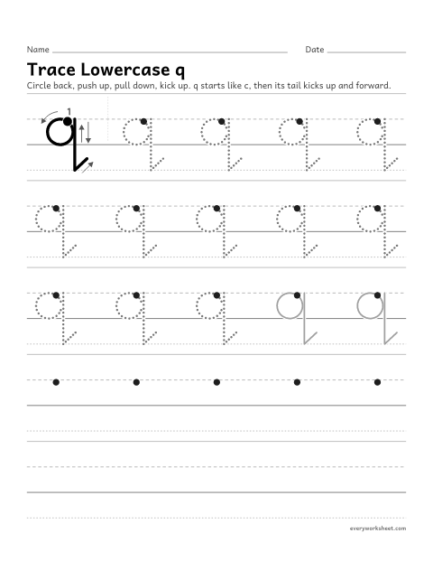 Preview of the printable “Trace lowercase q” worksheet: forming lowercase q