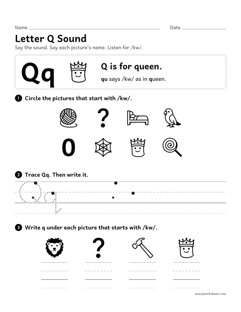Preview of the printable “Letter Q sound” worksheet: matching the letter Q to its sound