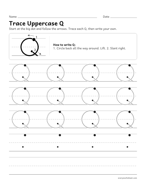 Preview of the printable “Trace uppercase Q” worksheet: forming uppercase Q