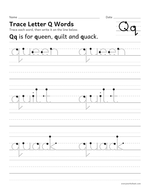 Preview of the printable “Trace letter Q words” worksheet: writing words that start with Qq