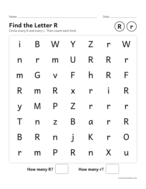 Preview of the printable “Find the letter R” worksheet: recognizing uppercase R and lowercase r