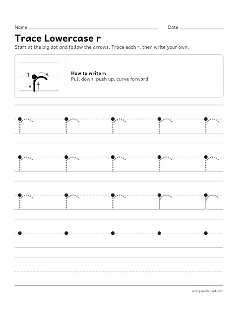 Preview of the printable “Trace lowercase r” worksheet: forming lowercase r