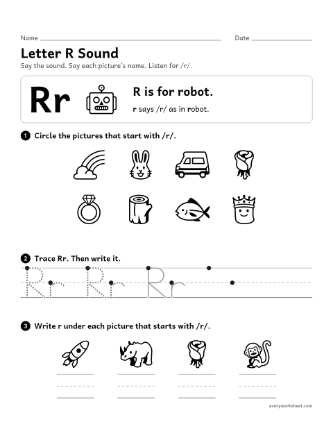 Preview of the printable “Letter R sound” worksheet: matching the letter R to its sound
