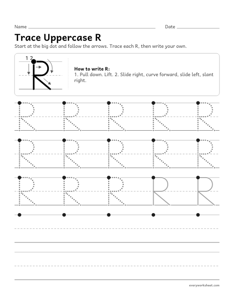Preview of the printable “Trace uppercase R” worksheet: forming uppercase R