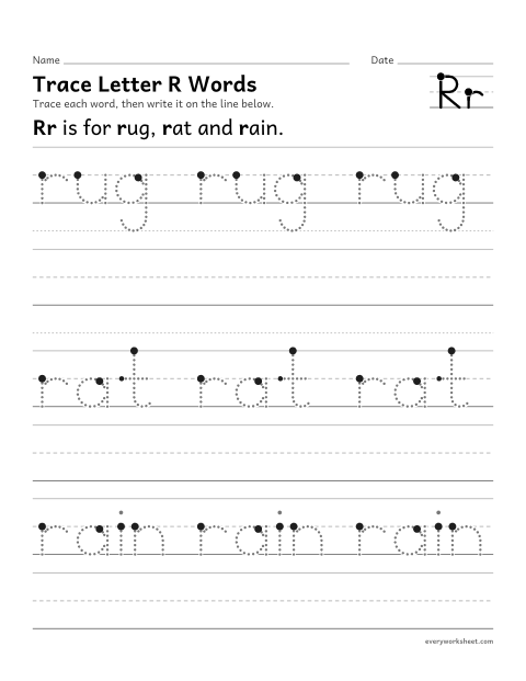 Preview of the printable “Trace letter R words” worksheet: writing words that start with Rr