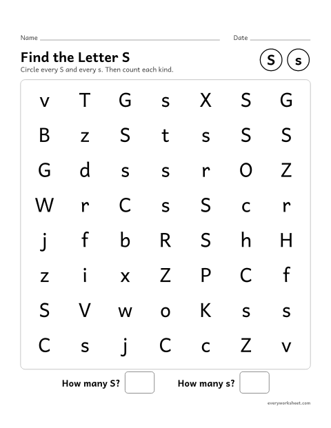 Preview of the printable “Find the letter S” worksheet: recognizing uppercase S and lowercase s