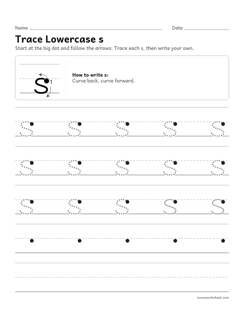 Preview of the printable “Trace lowercase s” worksheet: forming lowercase s