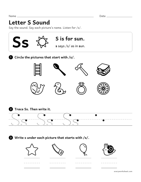 Preview of the printable “Letter S sound” worksheet: matching the letter S to its sound
