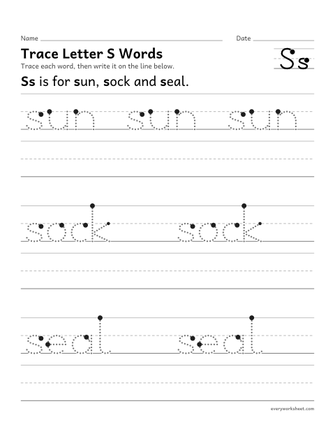 Preview of the printable “Trace letter S words” worksheet: writing words that start with Ss