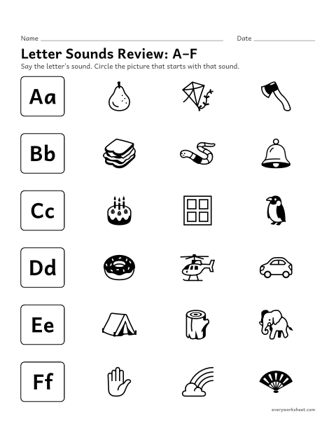 Preview of the printable “Letter sounds Review: A–F” worksheet: matching letters A–F to their sounds
