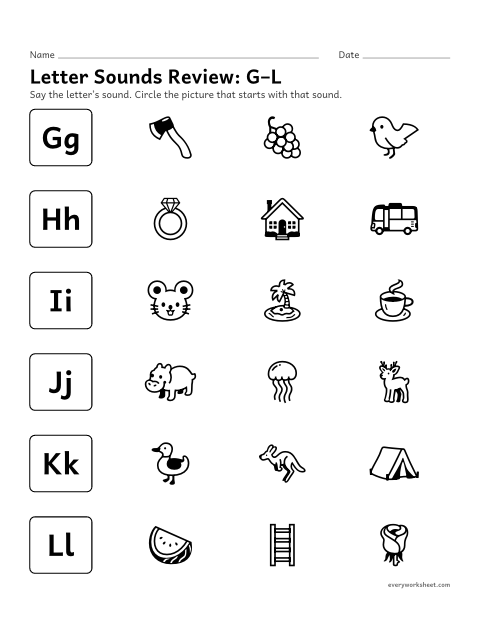 Preview of the printable “Letter sounds Review: G–L” worksheet: matching letters G–L to their sounds