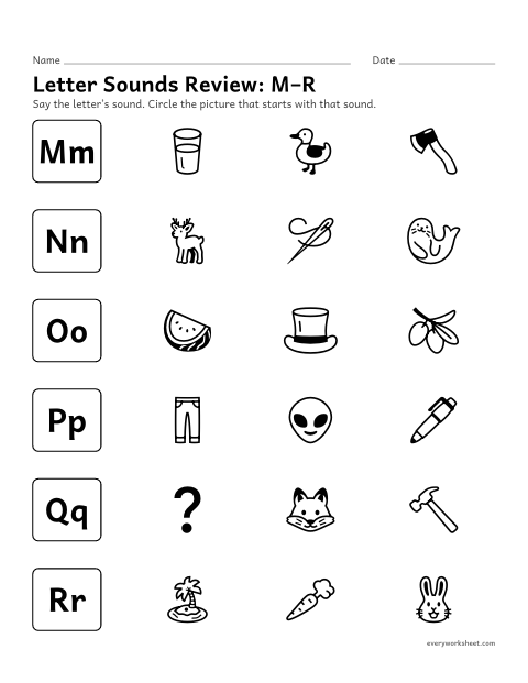 Preview of the printable “Letter sounds Review: M–R” worksheet: matching letters M–R to their sounds