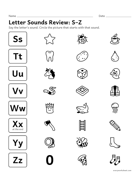 Preview of the printable “Letter sounds Review: S–Z” worksheet: matching letters S–Z to their sounds