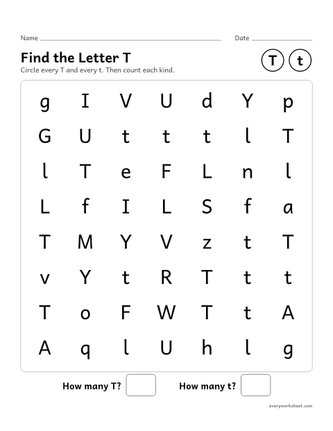 Preview of the printable “Find the letter T” worksheet: recognizing uppercase T and lowercase t