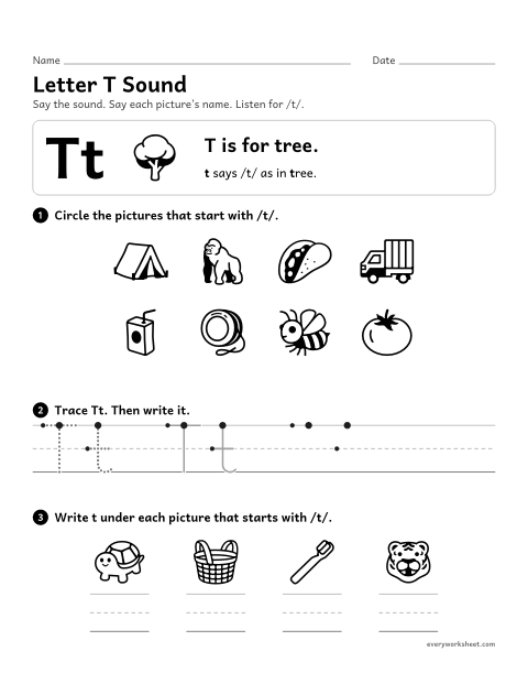 Preview of the printable “Letter T sound” worksheet: matching the letter T to its sound